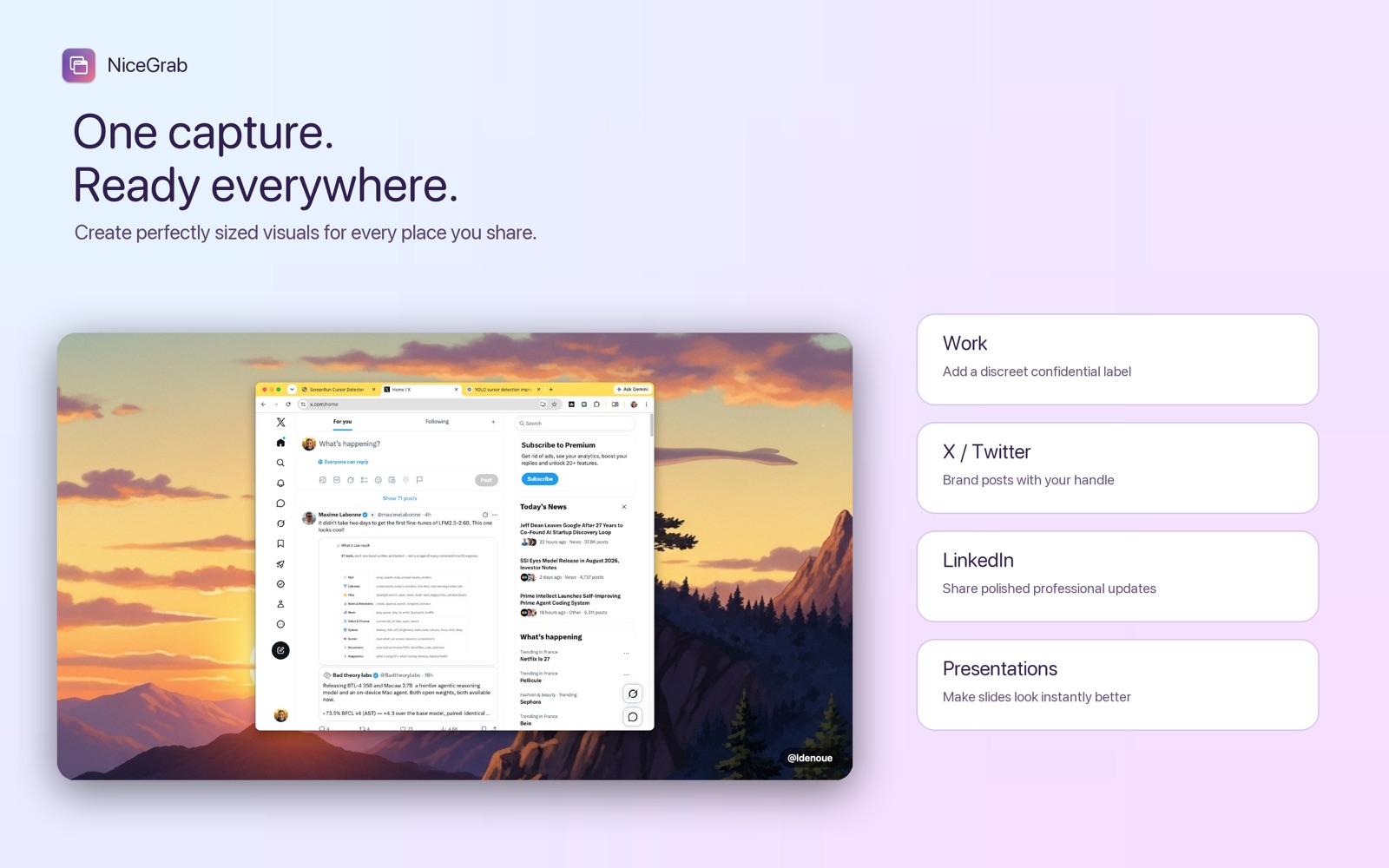 NiceGrab screenshot formats for work, X, LinkedIn, and presentations