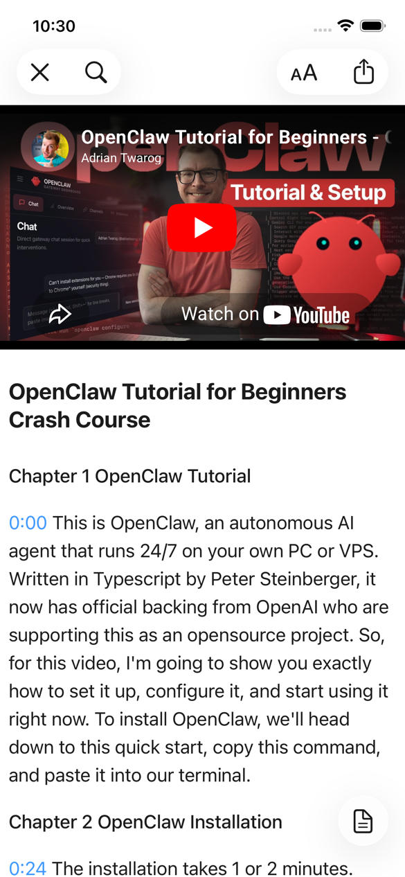 ReaderView YouTube transcript screenshot